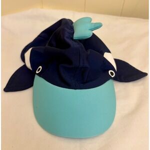 Kids Whale Sun Hat Navy Blue Turquoise Swim Cap with Neck Flap and Fins 6-12 mos